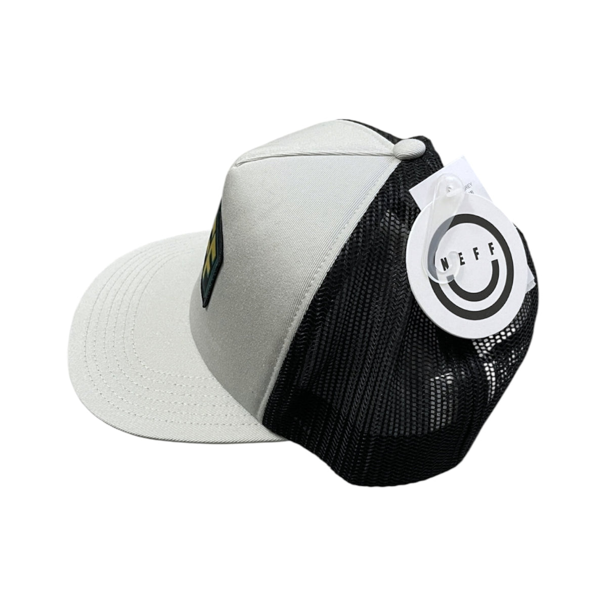 Trucker hat with black mesh back on a white background