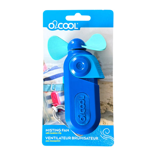 A blue O2COOL misting fan attached to a retail blister card with a blue header, photographed on a plain white background.