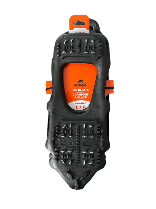 Black Olympia ice cleats with a brand label on a white background