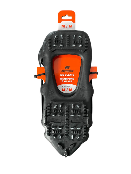 Olympia black ice cleats with orange branding on a white background