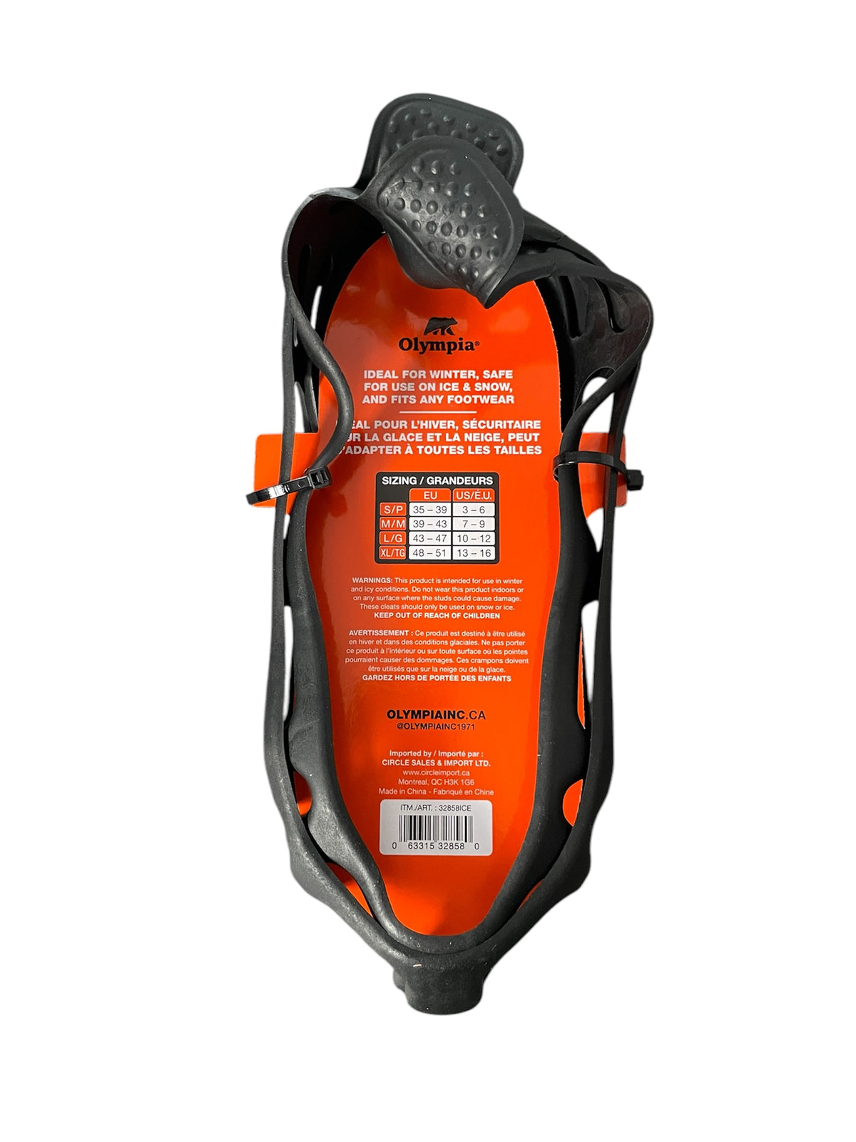 Olympia black ice cleats with orange branding on a white background