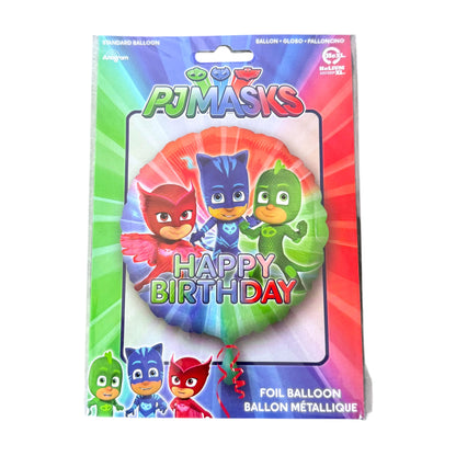 A PJ Masks 'Happy Birthday' foil balloon in its retail packaging, featuring the characters Catboy, Owlette, and Gekko on a colorful background.