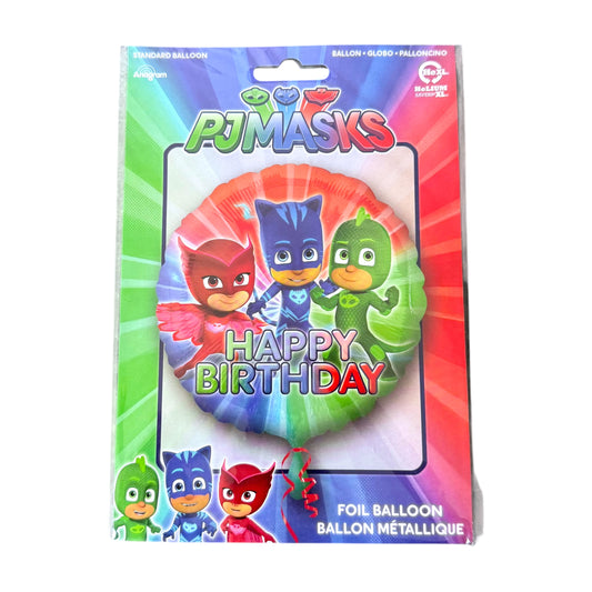 A PJ Masks 'Happy Birthday' foil balloon in its retail packaging, featuring the characters Catboy, Owlette, and Gekko on a colorful background.