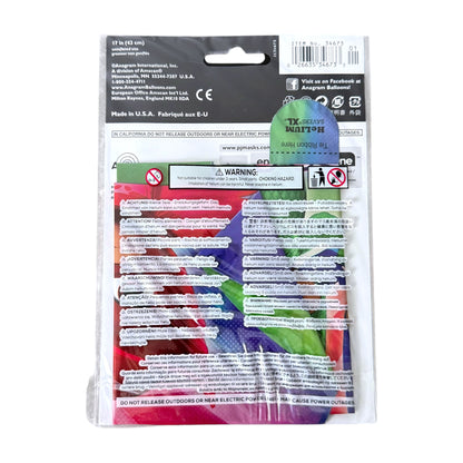 Packaged multicolour foil balloon printed warning labels and a hanging tab, photographed on a plain white background.