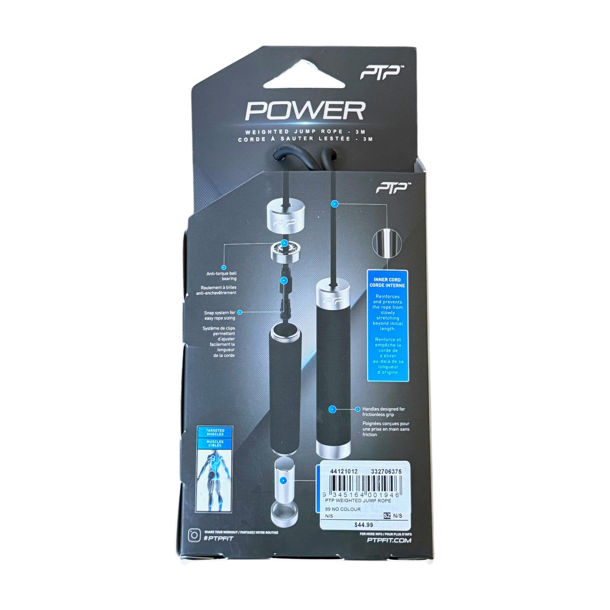 Back side of a PTP Power Rope Weighted Jump Rope in it's retail packaging. Shown on a white background