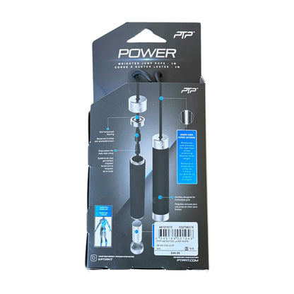 Back side of a PTP Power Rope Weighted Jump Rope in it's retail packaging. Shown on a white background