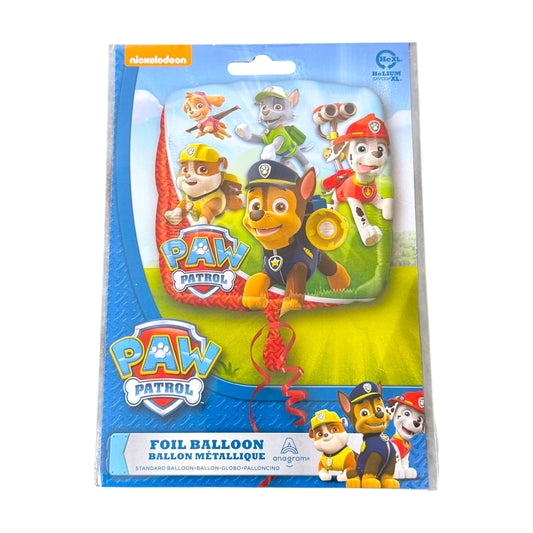 Packaged Paw Patrol foil balloon set with a blue and yellow retail card featuring character graphics and the PAW Patrol logo, photographed on a white background.