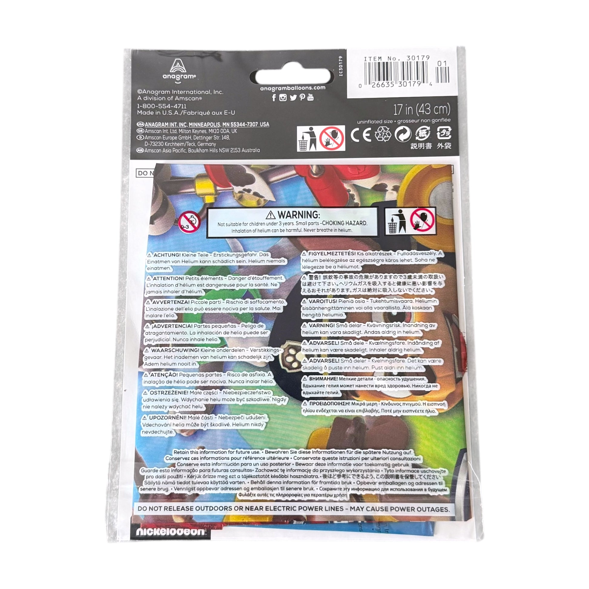 Back view of a balloon in clear plastic packaging with a black header card, barcode, and extensive warning and instruction text on a white background.