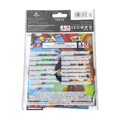 Back view of a balloon in clear plastic packaging with a black header card, barcode, and extensive warning and instruction text on a white background.