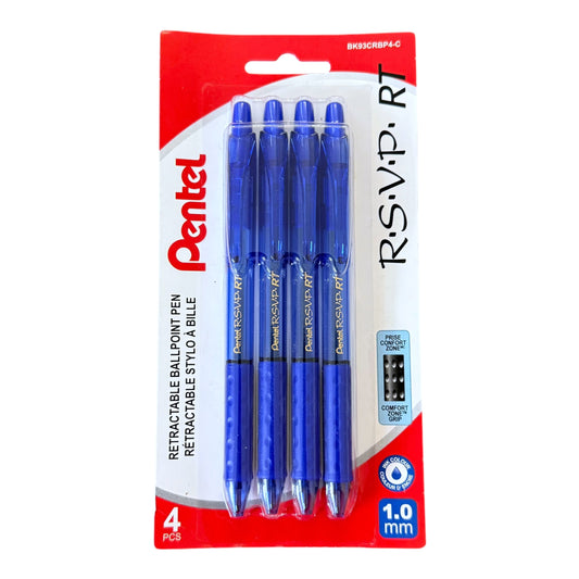 Pack of four Pentel R.S.V.P. RT blue ballpoint pens with red and white packaging.