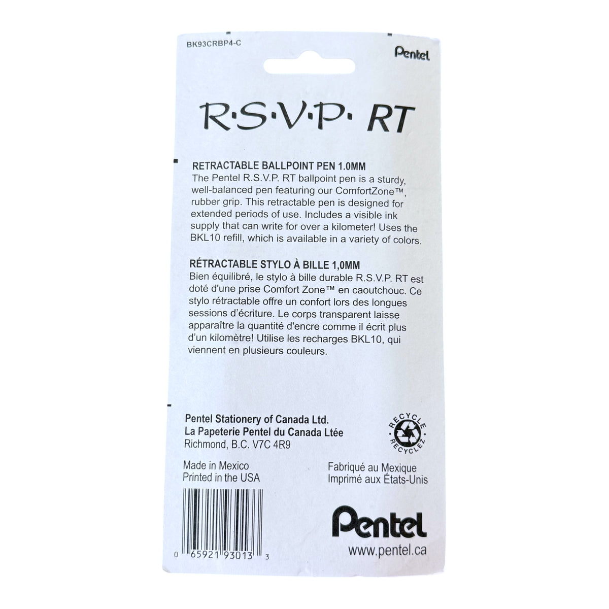 Pentel R.S.V.P. RT retractable ballpoint pen packaging with product details on a white background