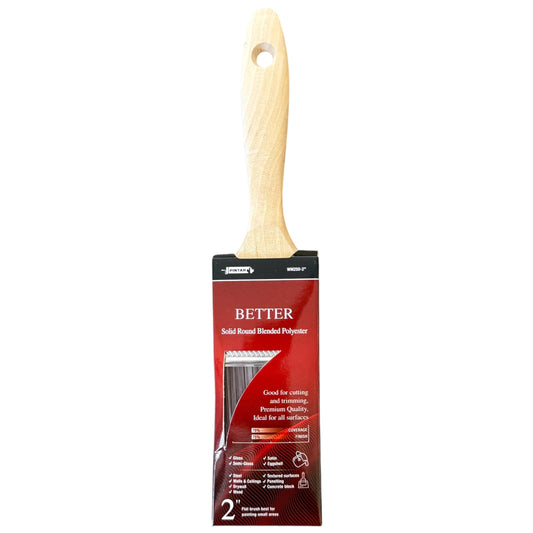 Paint brush with wooden handle and red packaging on a white background