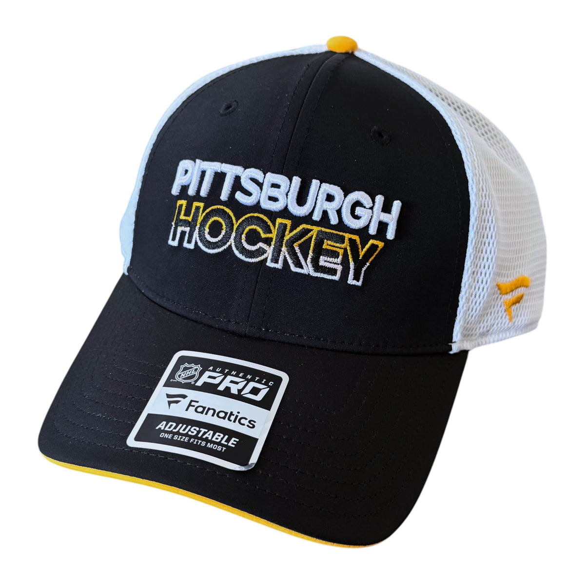 A Pittsburgh Penguins Hockey adjustable trucker hat in black and white with yellow accents, featuring embroidered lettering on the front and a Fanatics Pro sticker on the brim.