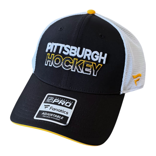 A Pittsburgh Penguins Hockey adjustable trucker hat in black and white with yellow accents, featuring embroidered lettering on the front and a Fanatics Pro sticker on the brim.