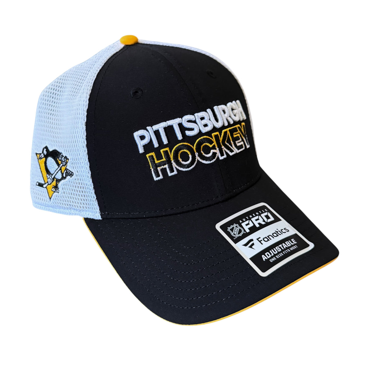 Pittsburgh Penguins Hockey trucker hat featuring a black front panel and brim, light blue mesh back panels, a yellow top button, and 'PITTSBURGH HOCKEY' text on the front.