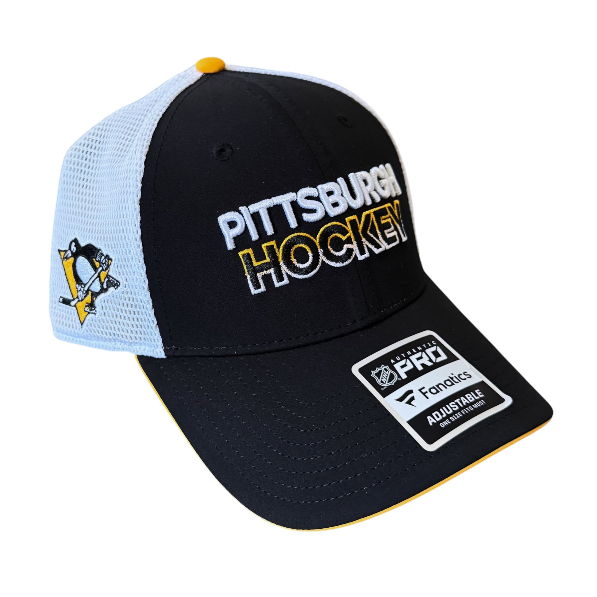 Pittsburgh Penguins Hockey trucker hat featuring a black front panel and brim, light blue mesh back panels, a yellow top button, and 'PITTSBURGH HOCKEY' text on the front.