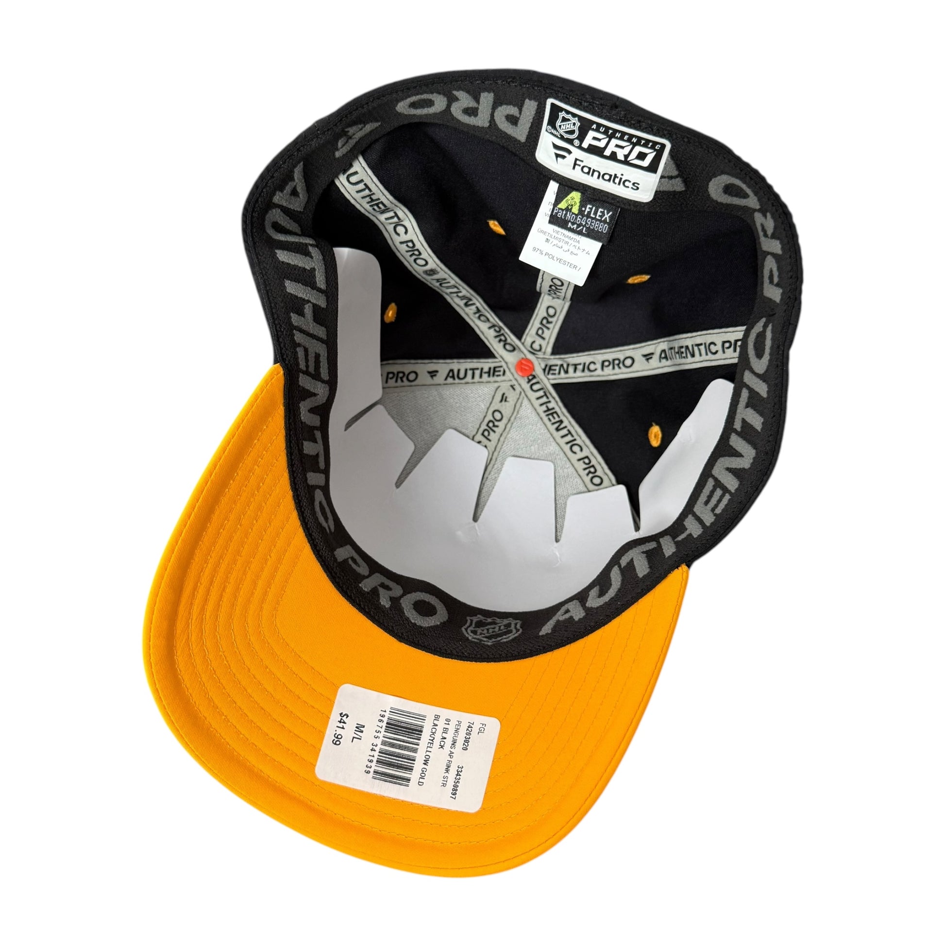 A Pro Form Authentic Pro flat-brim cap shown from the underside, featuring a black crown with white branding text and a bright yellow visor