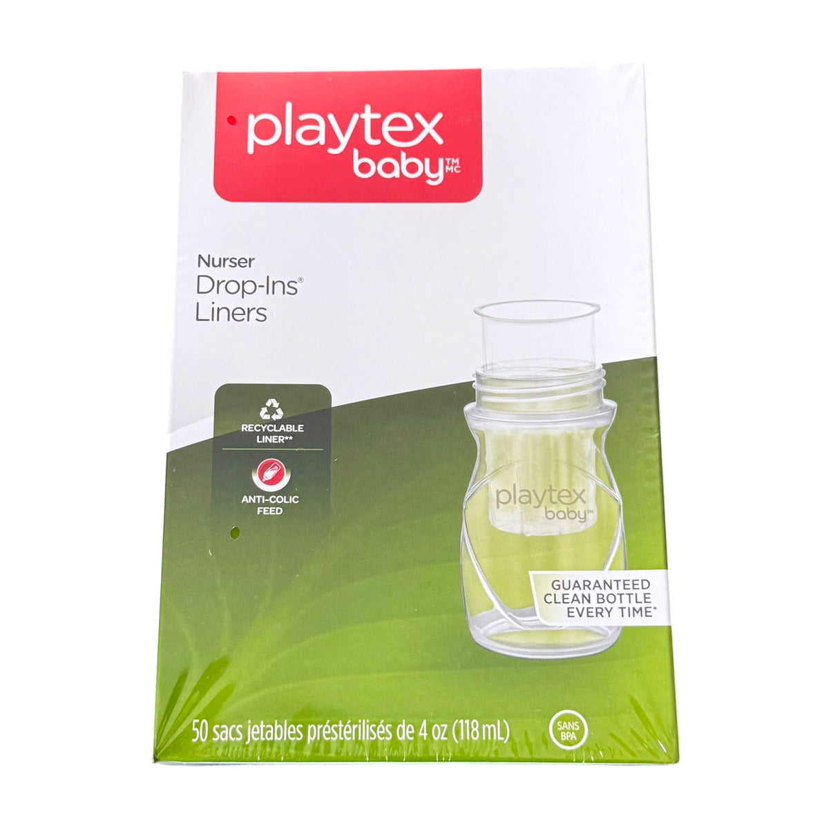 Playtex Baby Nurser Drop-Ins Liners retail packaging, showing a white and green box with a clear bottle illustration and the Playtex Baby logo at the top.