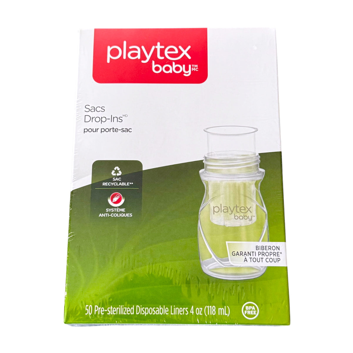 Playtex Baby Nurser Drop-Ins disposable baby bottle liner packaging, containing 50 pre-sterilized 4 oz liners, with a red and green design.
