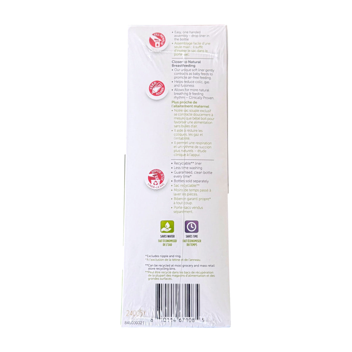 The back of a white cardboard box for Playtex Baby Nurser Drop-Ins, showing product details, and a barcode on a white background.