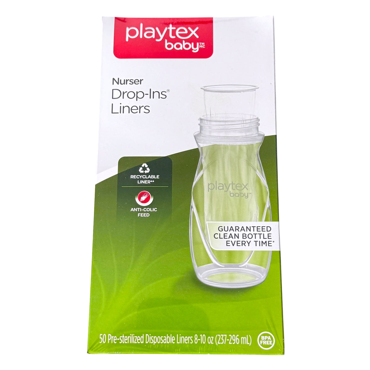 Playtex Baby Nurser Drop-Ins Liners retail packaging box, featuring a clear reusable bottle liner with a white and green design and a red Playtex Baby logo at the top.
