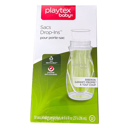 Playtex Baby Nurser Drop-Ins in a green and white box with a red Playtex Baby logo, showing a clear reusable baby bottle.