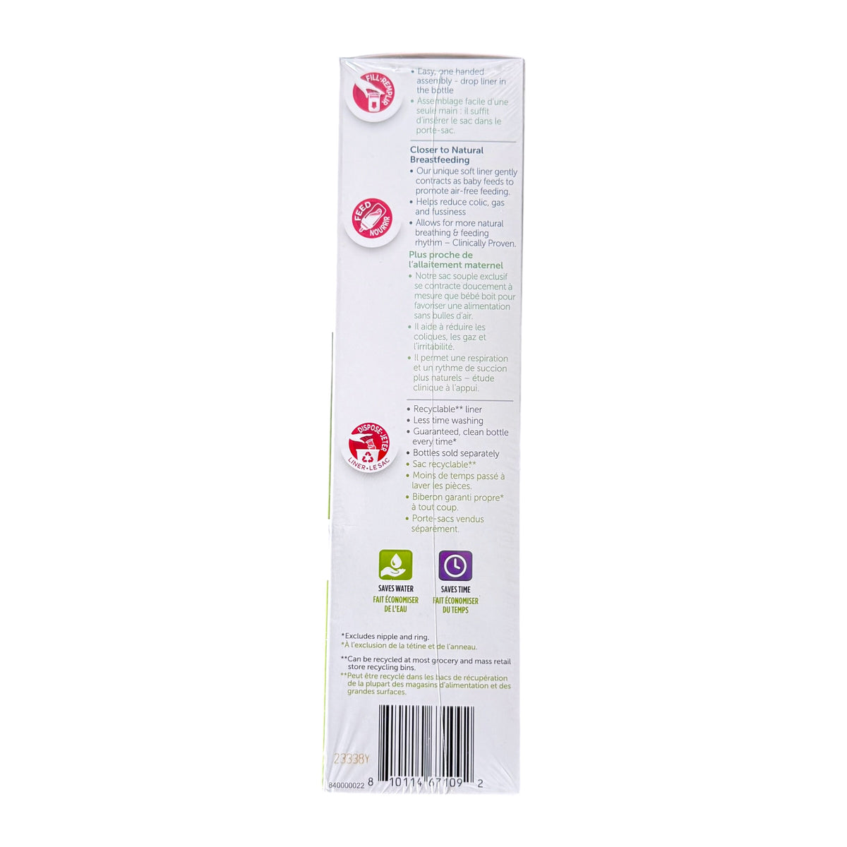 The side of a white cardboard box for a pack of Playtex Baby Nurser Drop-Ins featuring product details in English and French.