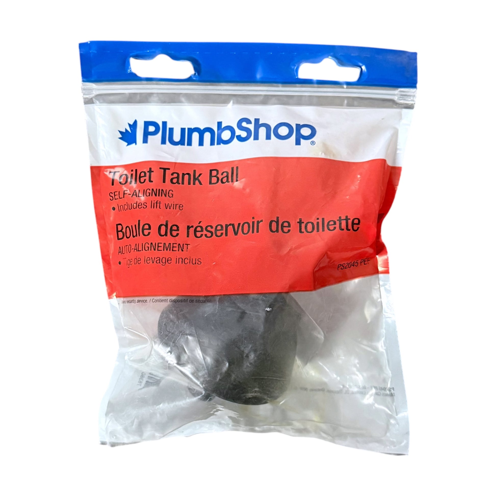 A black toilet tank ball self-aligning valve seal inside its original retail packaging by PlumbShop, featuring a blue and red zip-top bag.