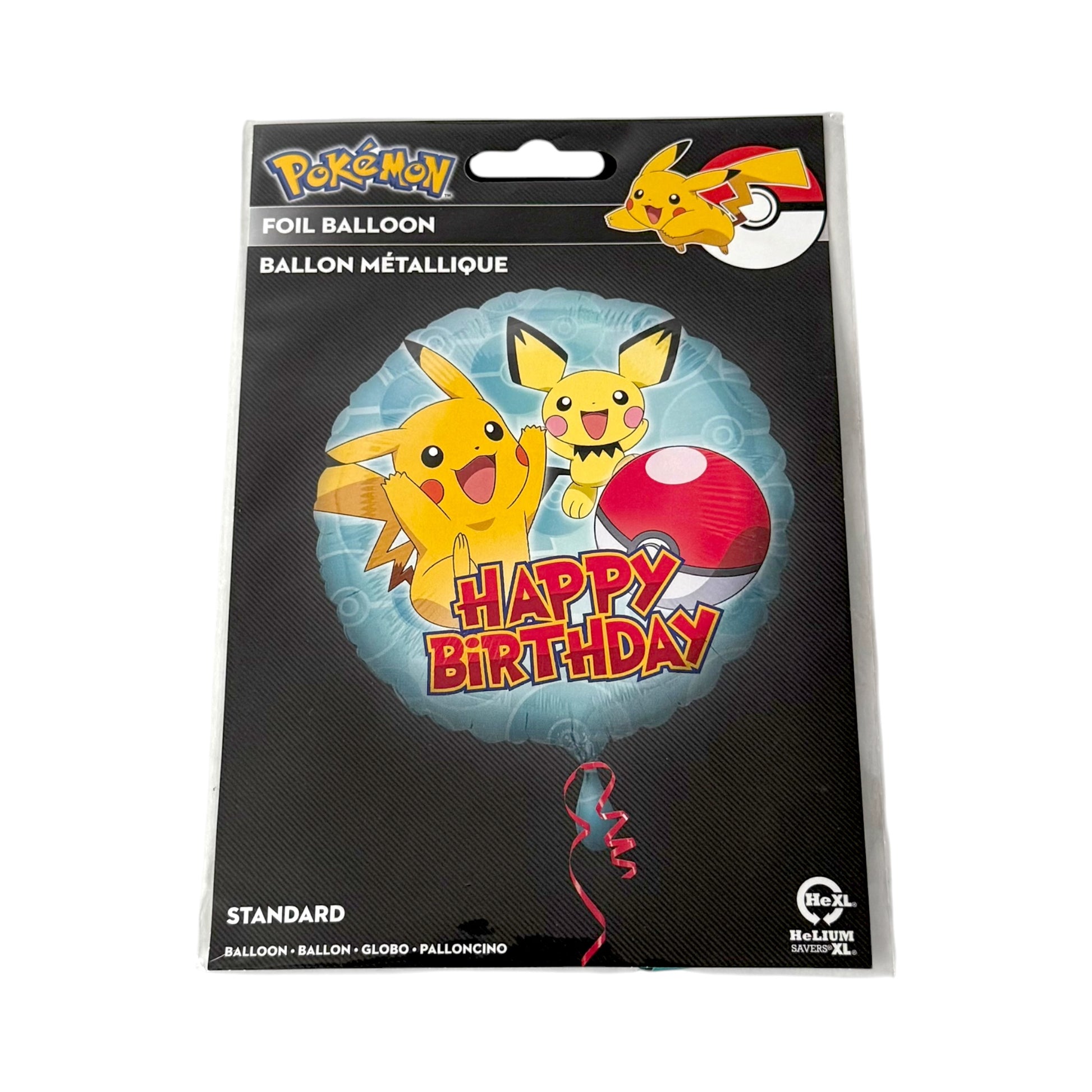 A packaged foil balloon on a black backing card featuring Pikachu and a red Poké Ball with the words 'Happy Birthday.' The package includes the Pokémon logo and a Poké Ball graphic at the top, and the balloon itself is partially visible as a red spiral at the bottom.