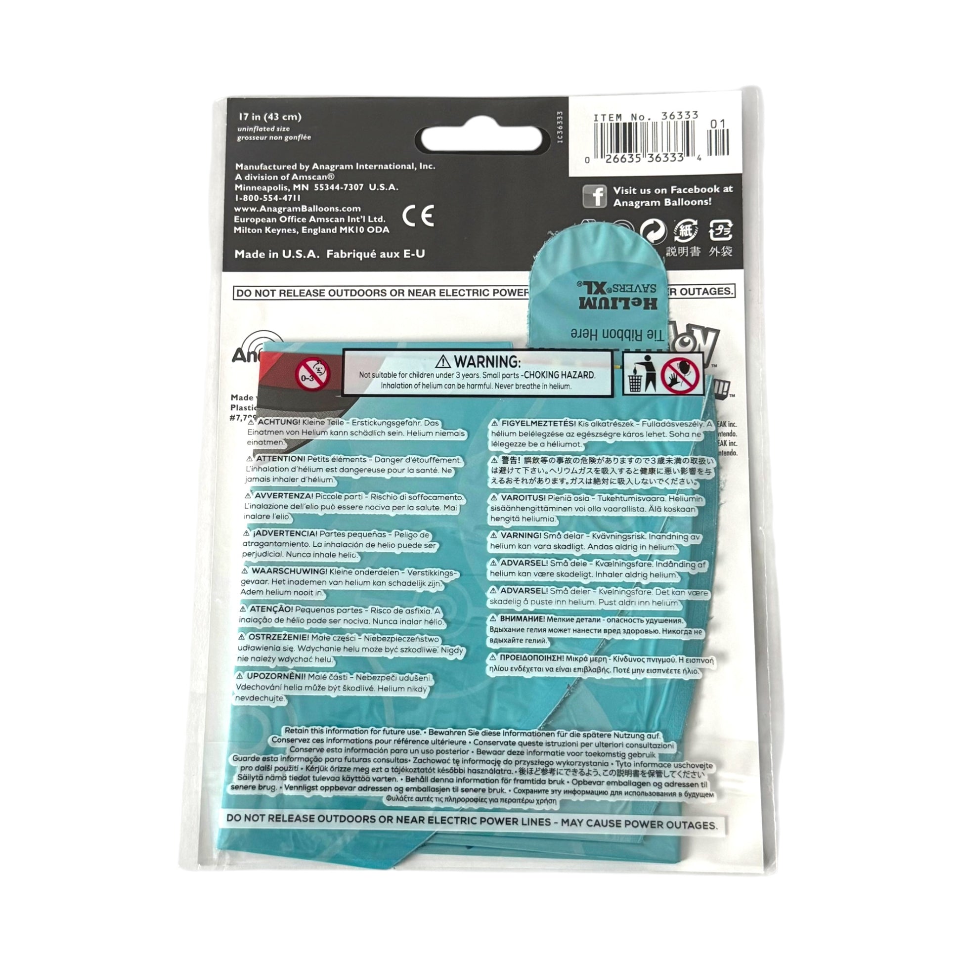 A packaged balloon with printed warning labels and instructions on the front, sealed in clear plastic against a white background.