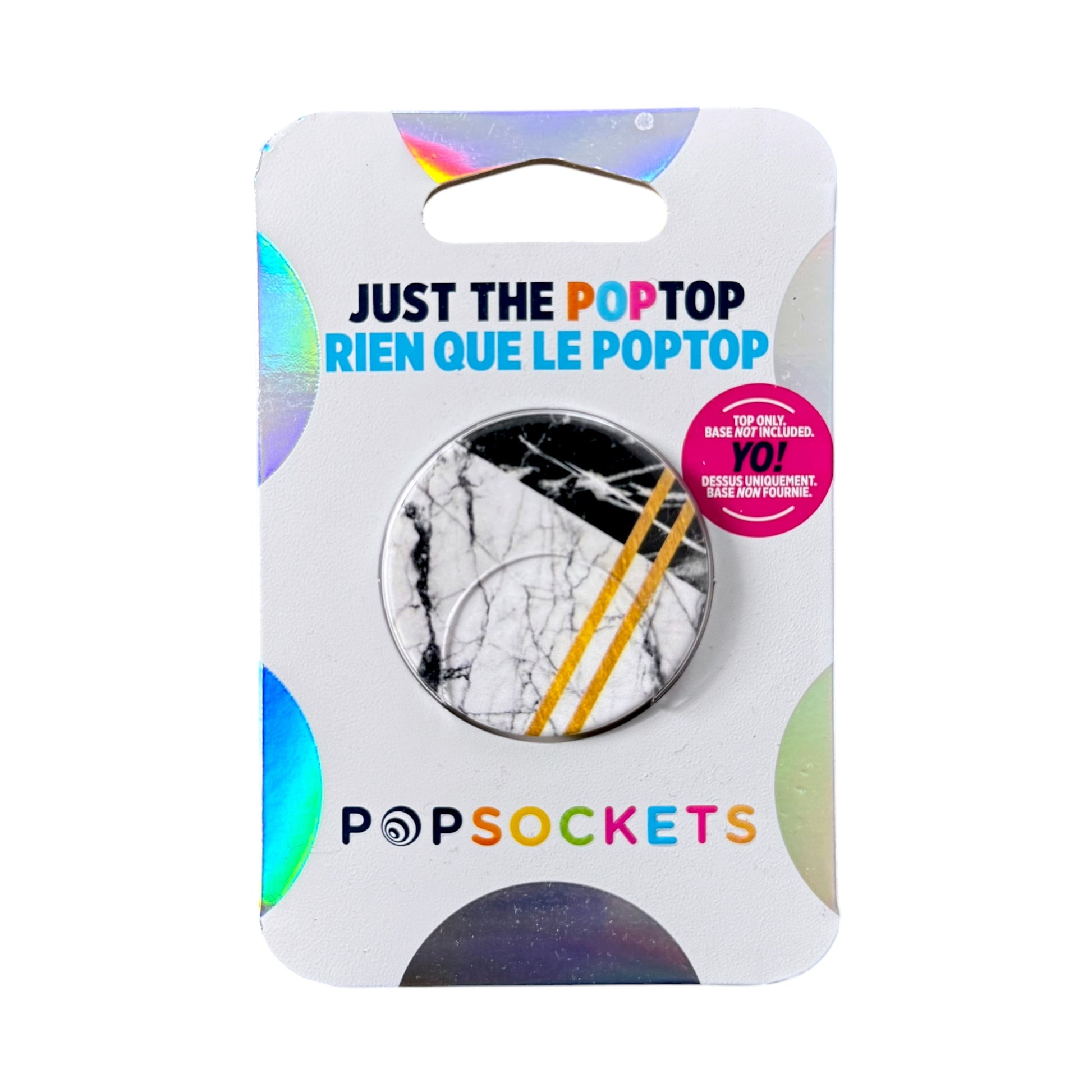 A Popsockets Poptop with a black and white marble pattern and yellow accents, mounted on its original white holographic blister card packaging.