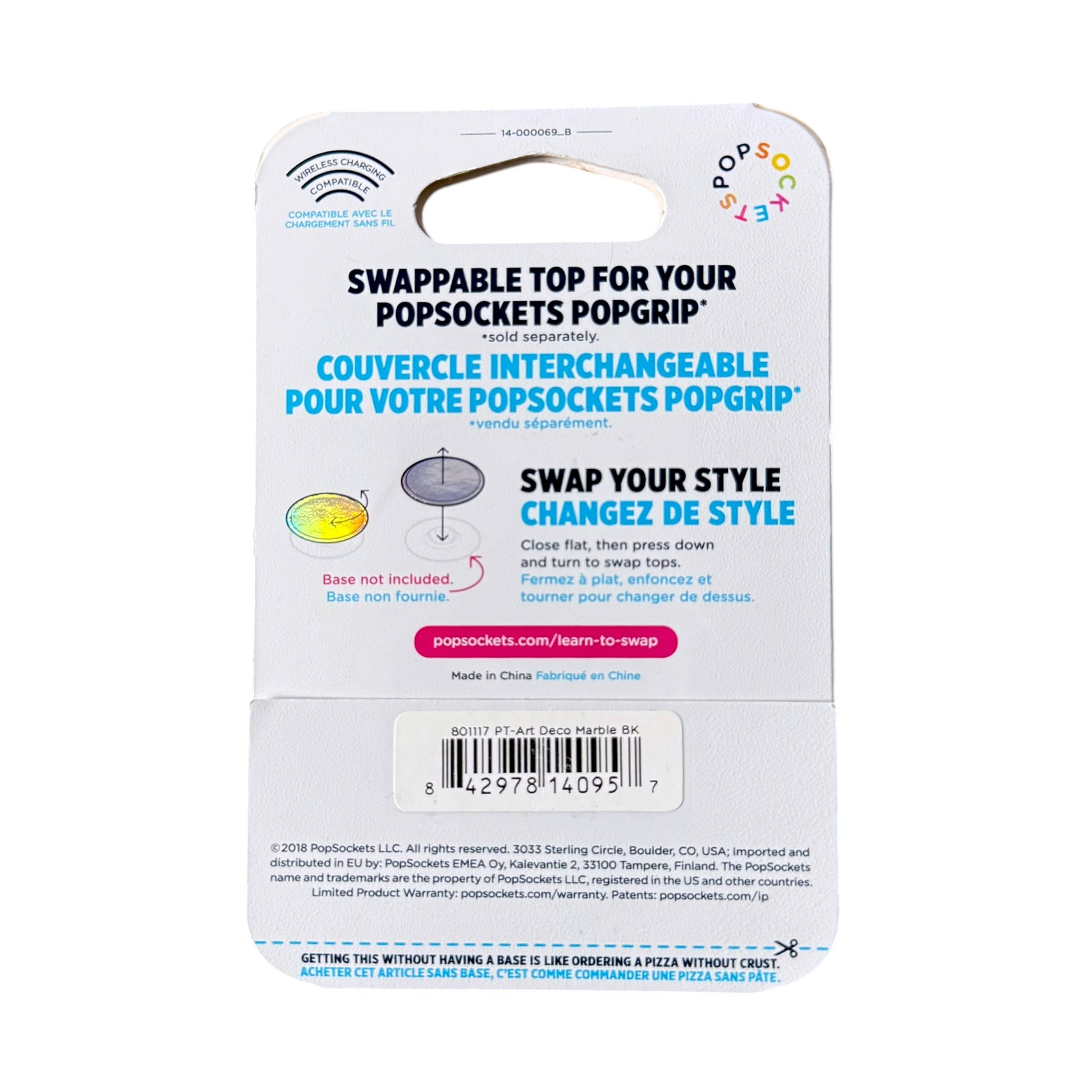 Popsockets Poptop Swappable Top packaging card, showing product details, instructions, and a barcode on a white background.