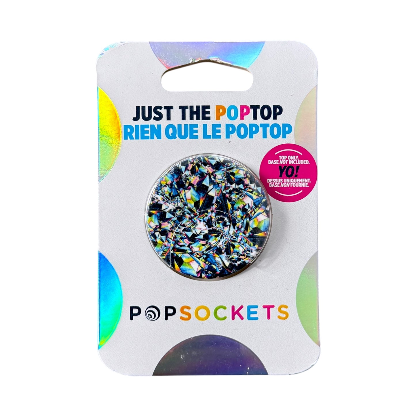 A round PopSocket with a multicolor holographic glitter pattern, mounted on its original white cardboard packaging card with French text.