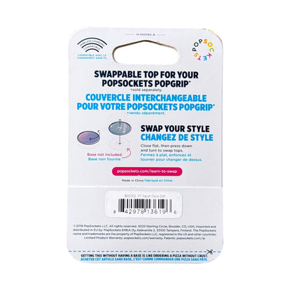 PopSockets Poptop swappable top packaging card, showing product details, instructions, and a barcode on a white background.