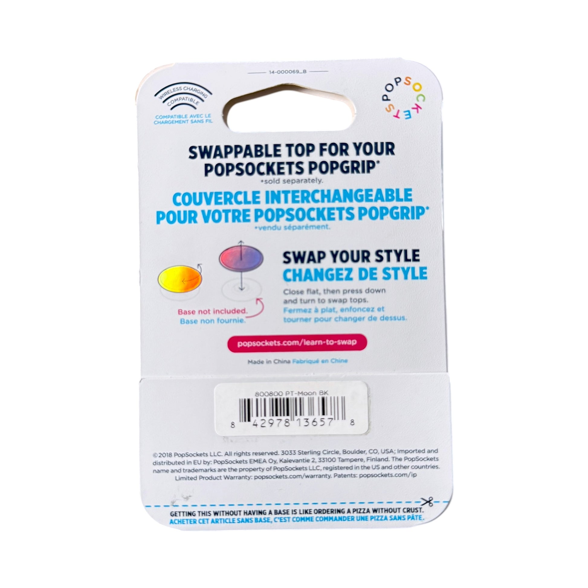 Back side of a Popsocket Poptop, showing product information, text in English and French, a barcode, and small product illustrations on a white card.