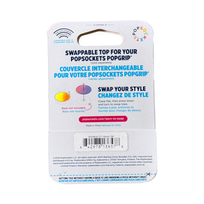 Back side of a Popsocket Poptop, showing product information, text in English and French, a barcode, and small product illustrations on a white card.