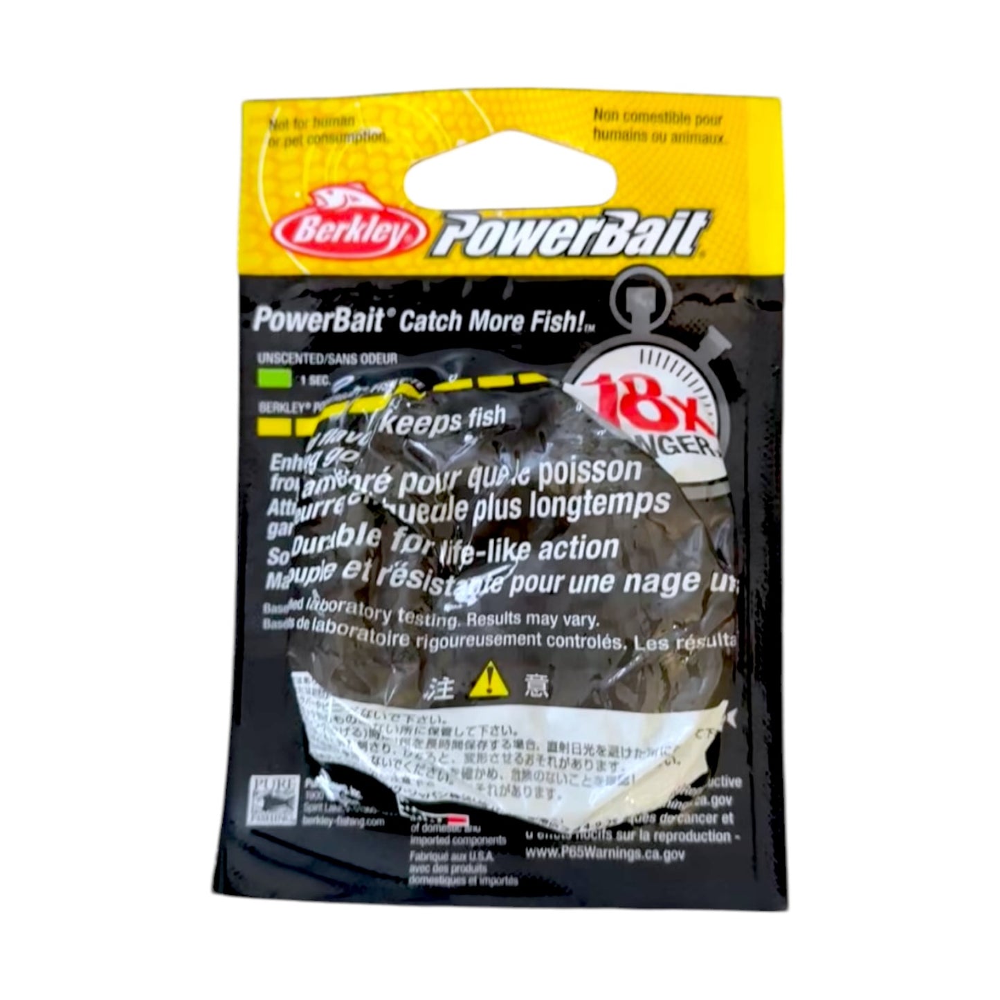 Berkley PowerBait packaging with yellow and black design on a white background