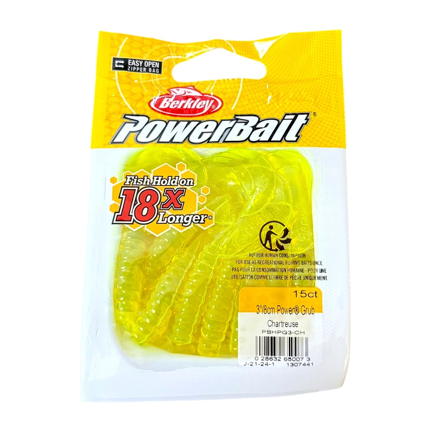 Packaged yellow fishing bait with Berkley PowerBait branding on a white background