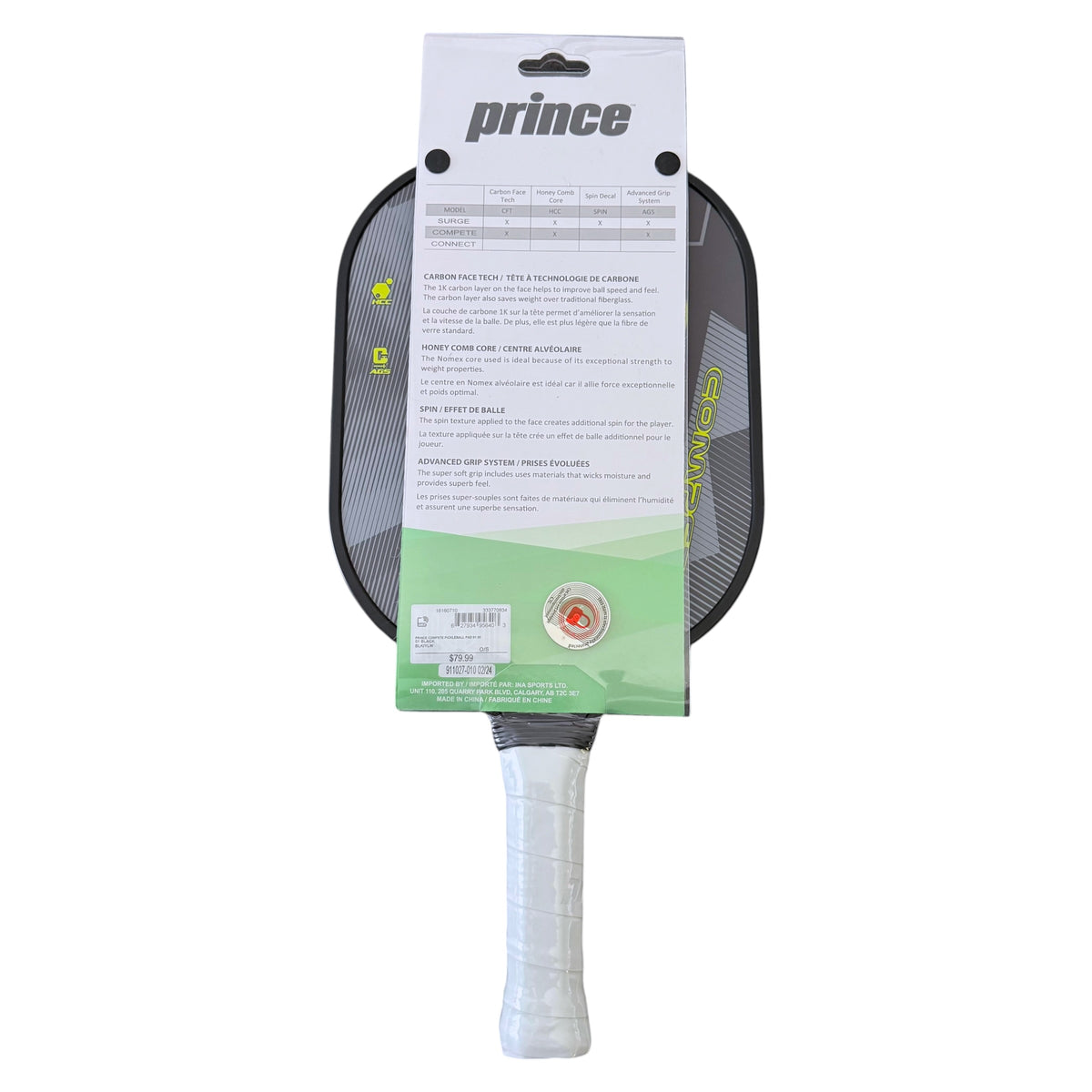 Pickleball paddle with Prince packaging on a white background