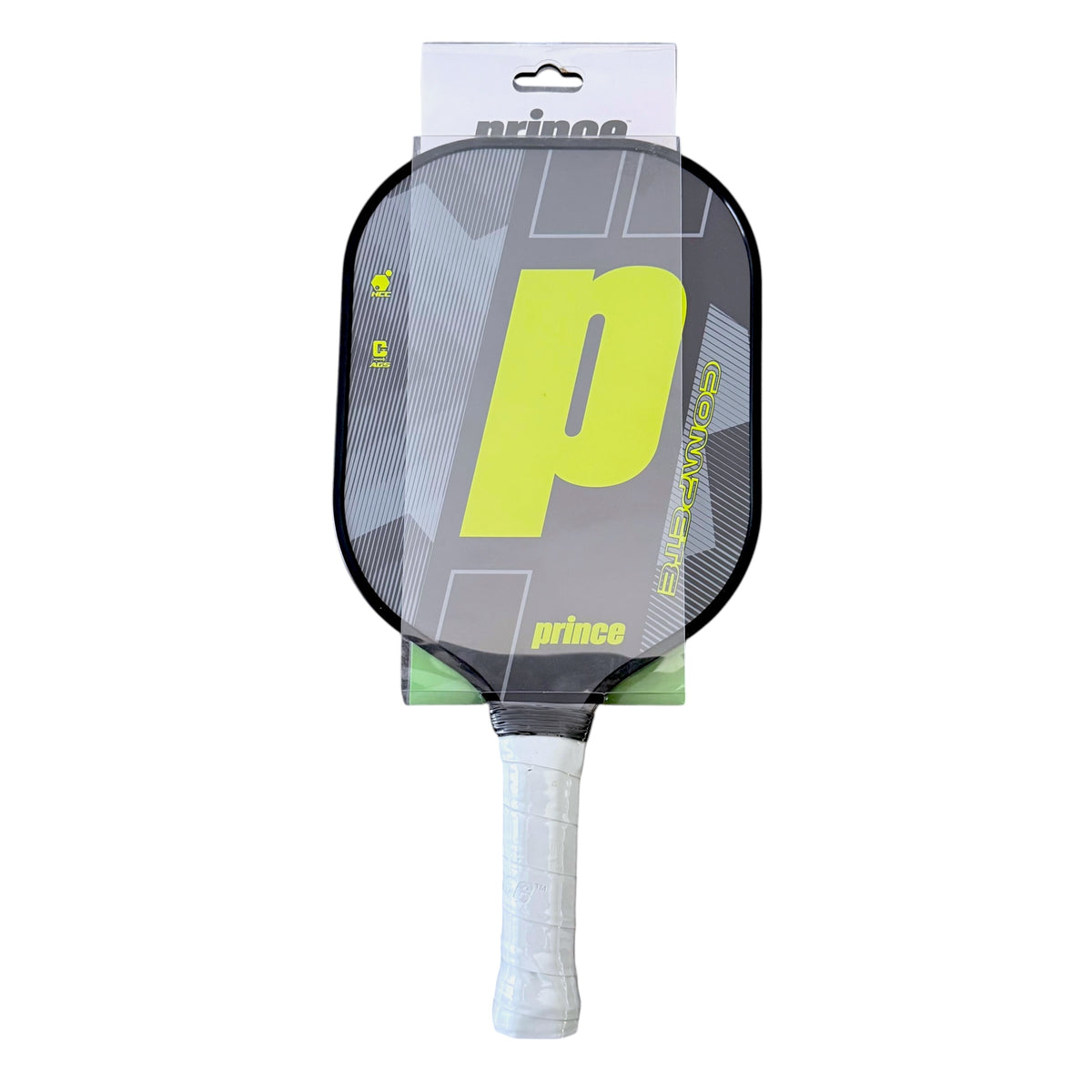 Prince pickleball paddle with a large yellow 'p' logo. Set on a white background