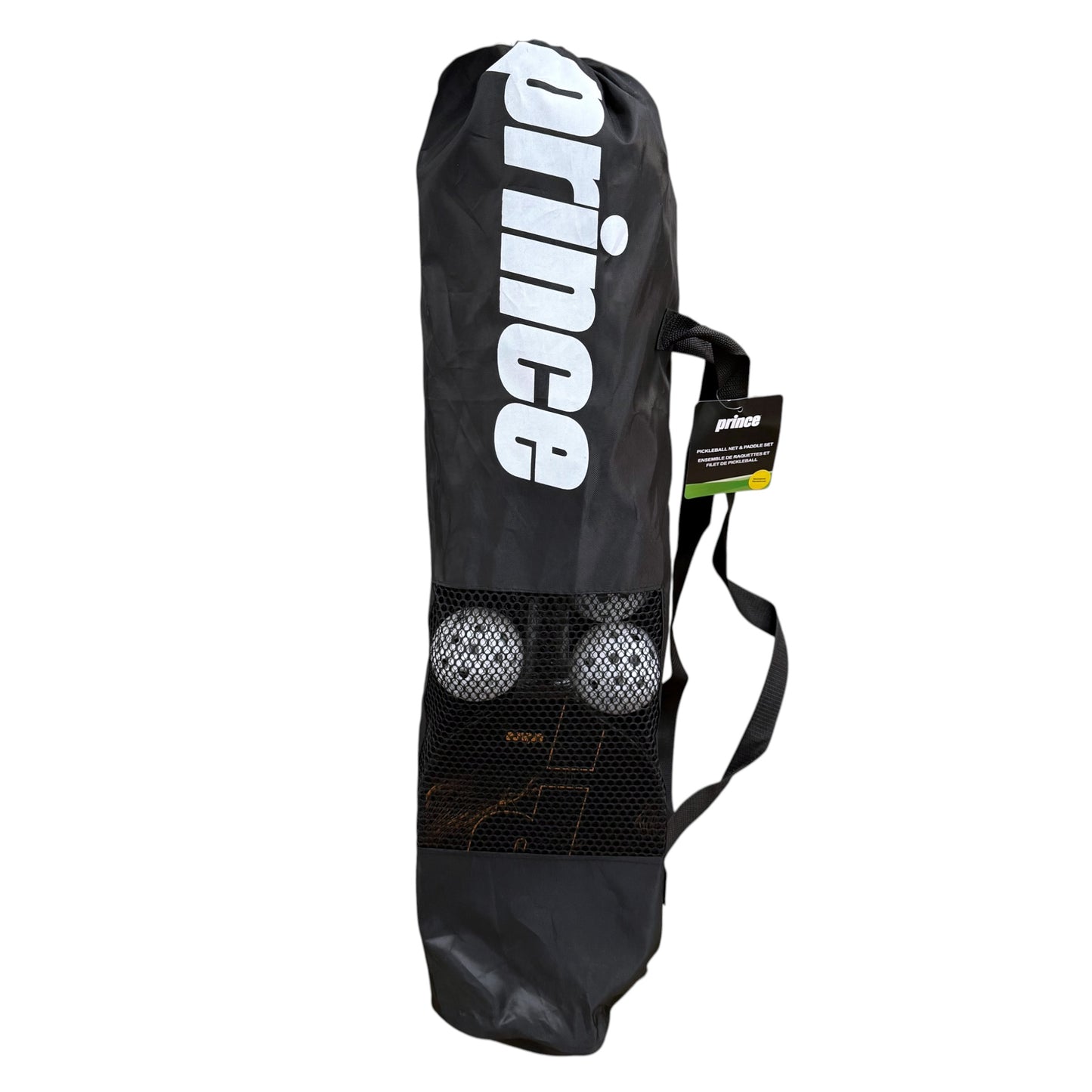 Prince Pickleball Net & Paddle Set including portable net, paddles, pickleballs, and carrying bag for recreational outdoor play. Shown on a white background.