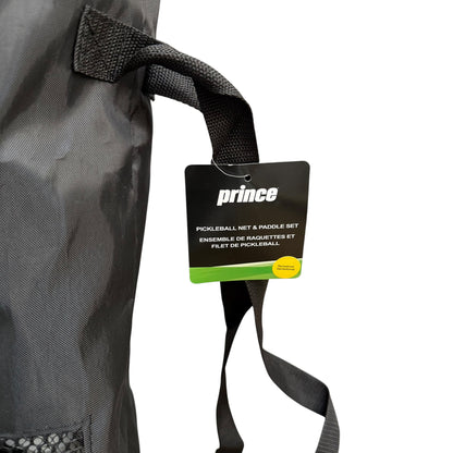 Tag for a Prince Pickleball Net & Paddle Set including portable net, paddles, pickleballs, and carrying bag for recreational outdoor play. Shown on a white background.