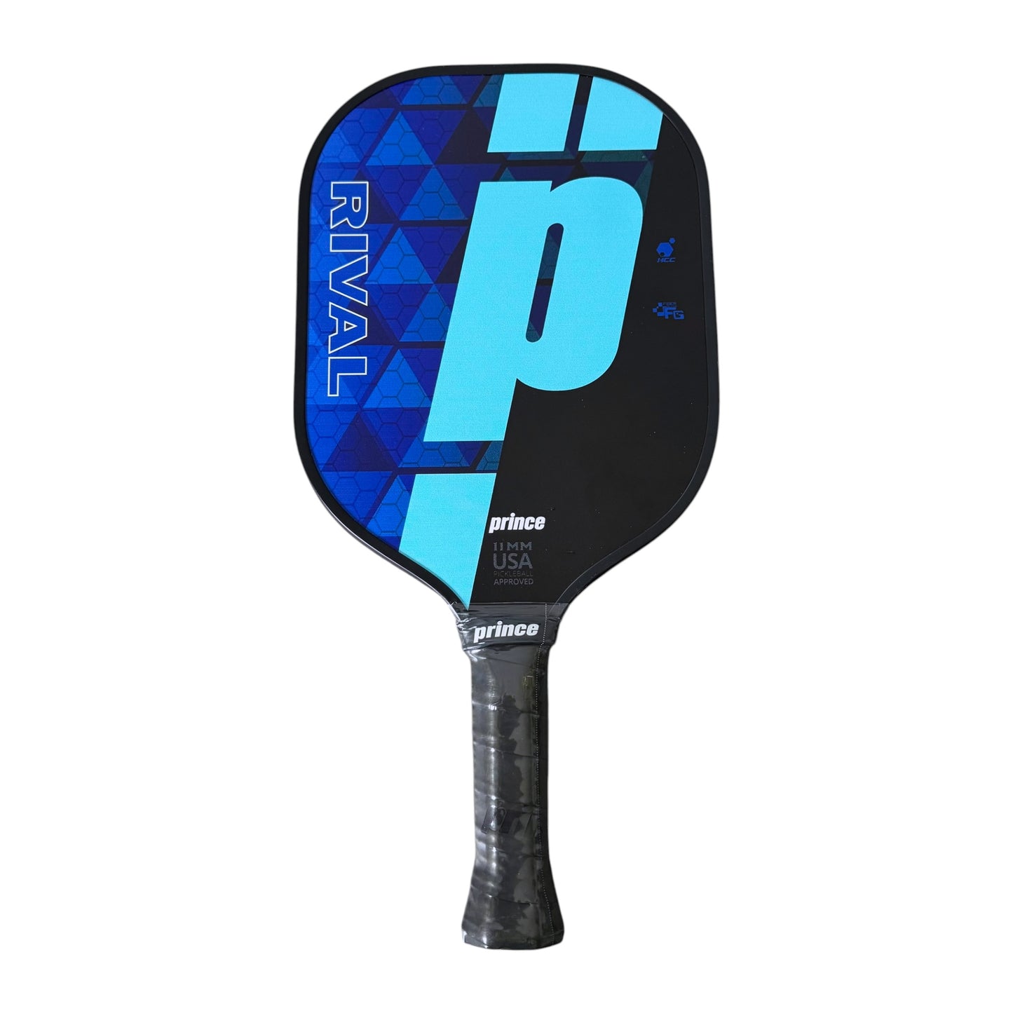 Blue and black pickleball paddle with 'Rival' and 'Prince' branding on a white background