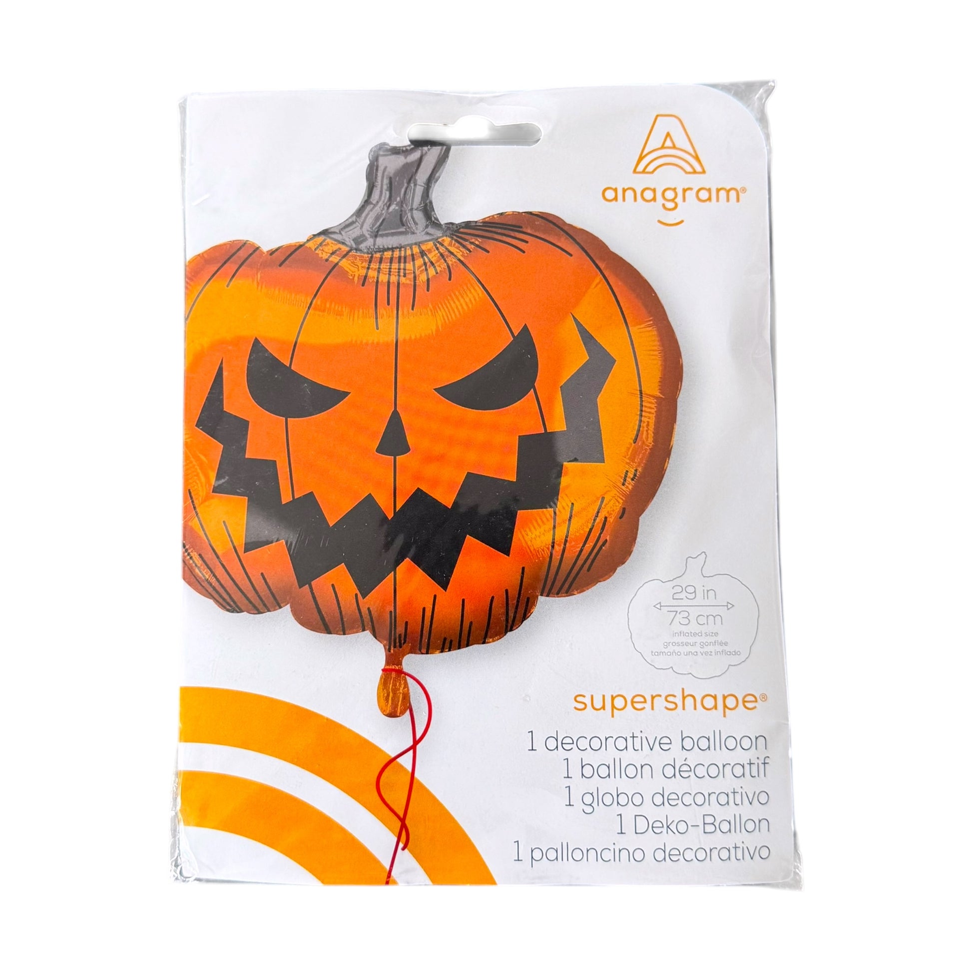 Packaged Anagram Supershape decorative pumpkin balloon, featuring a jack-o'-lantern design in orange and black on a white retail card.