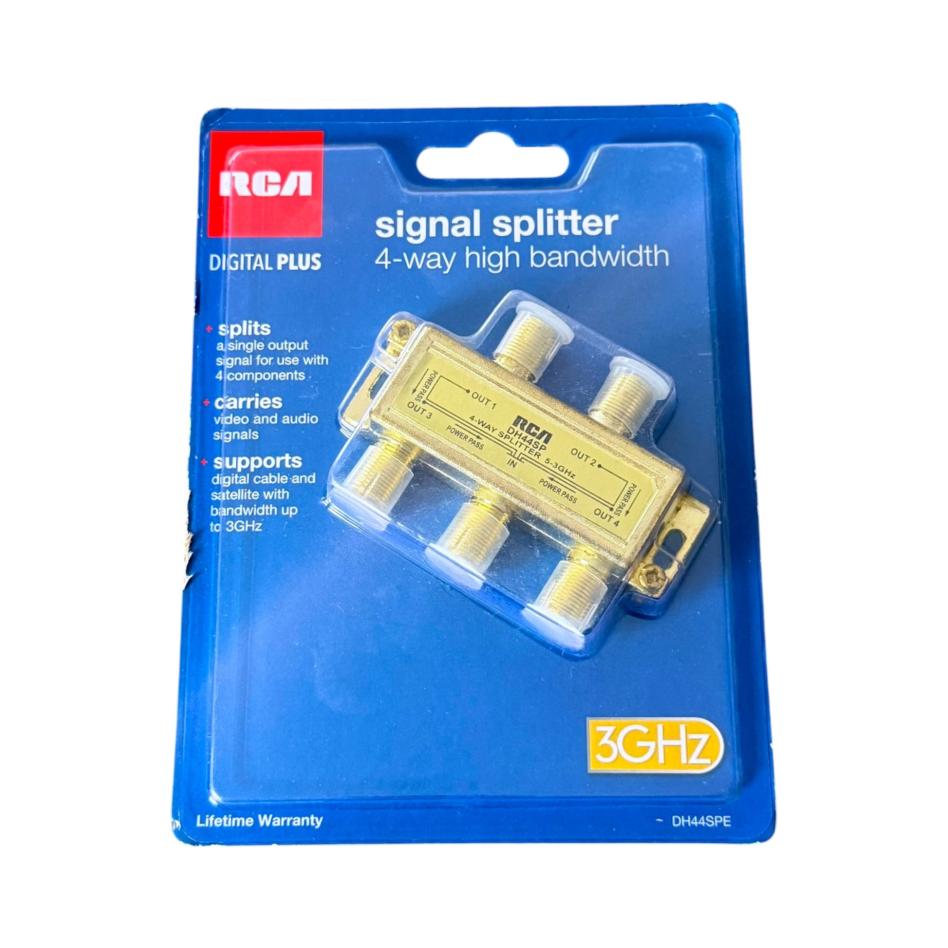 An RCA digital signal splitter in its original blue retail blister packaging, featuring a gold-colored metal component with brass connectors.