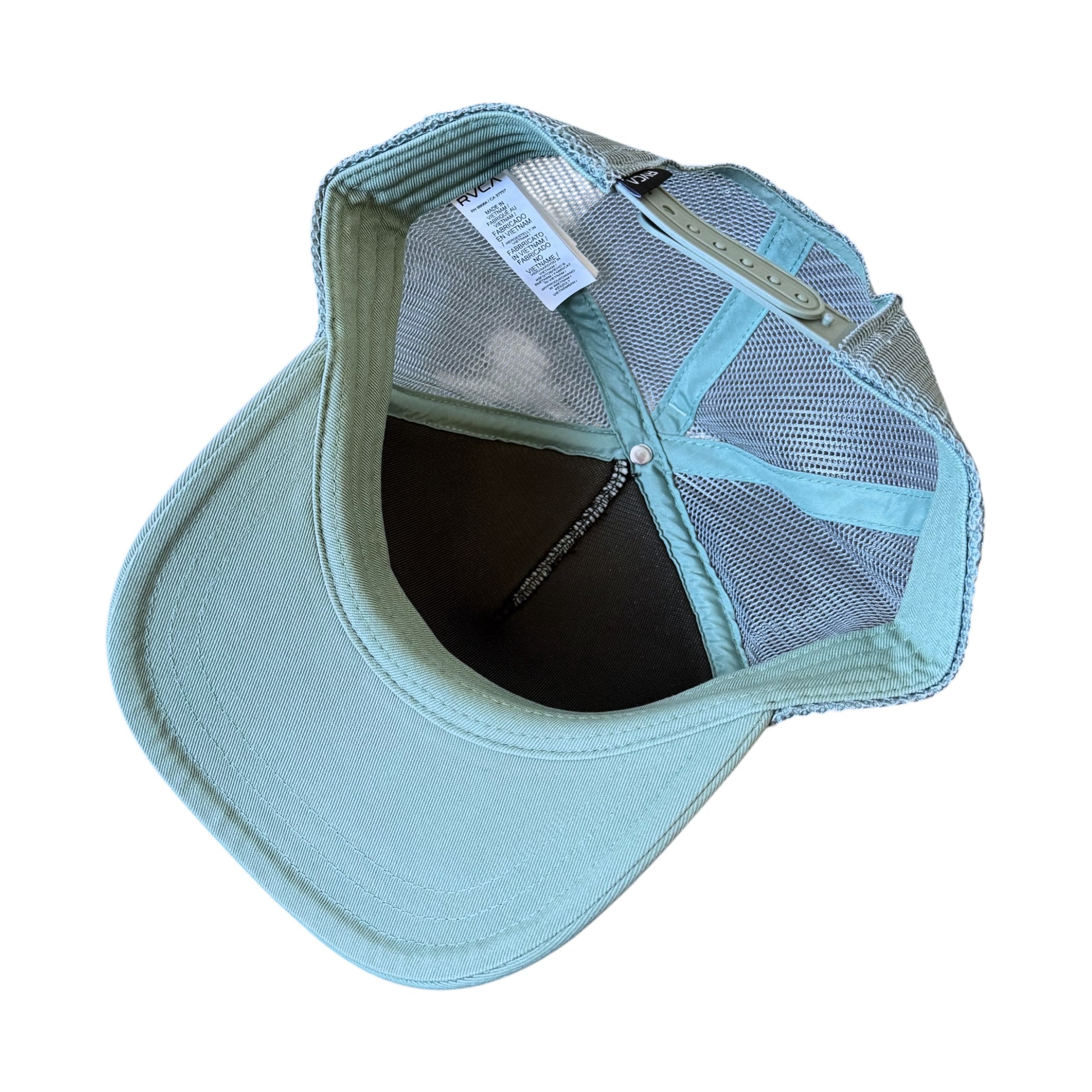 A light blue trucker-style baseball cap shown from an overhead angle, featuring a solid curved brim and a mesh back.