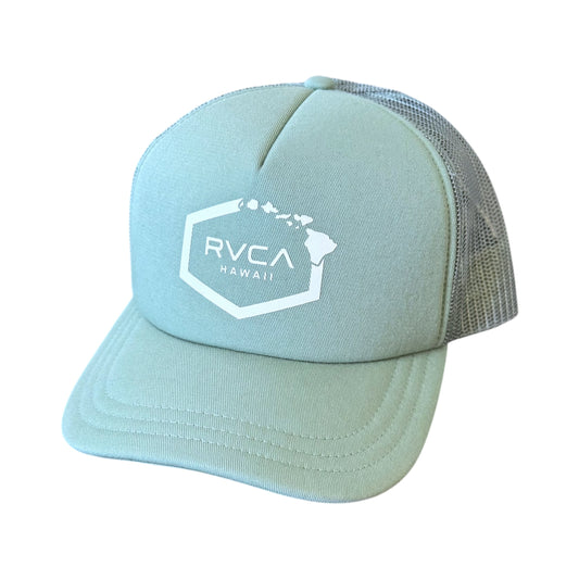 A light mint green trucker hat with a white printed RVCA Hawaii logo on the front panel and gray mesh back panels, shown on a plain white background.