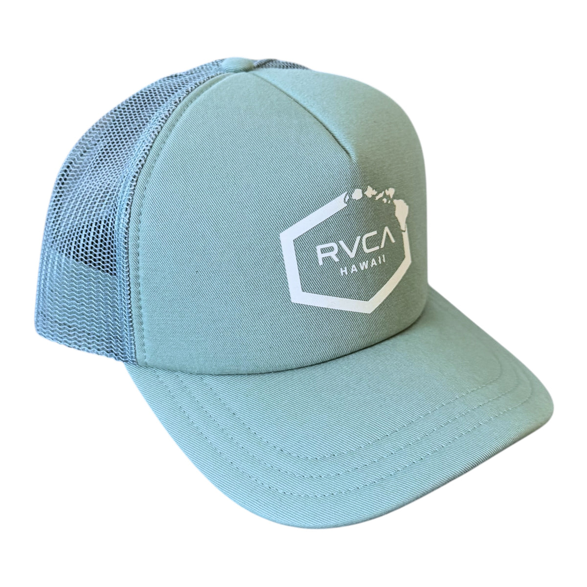 A light blue-green RVCA Hawaii trucker hat with a white embroidered logo on the front, featuring a structured front panel and a matching mesh back.