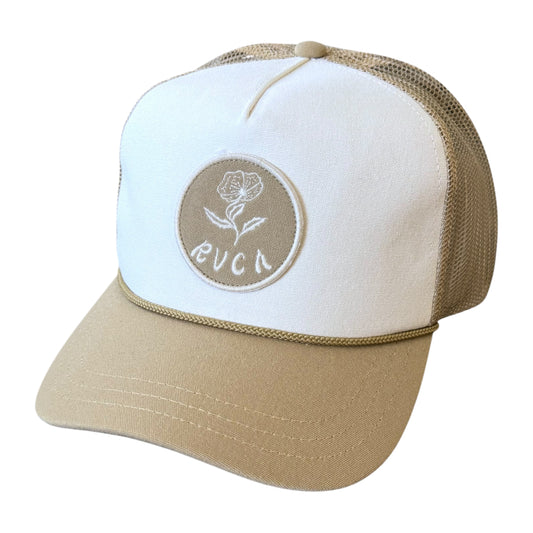 A beige and white trucker hat with a circular embroidered logo on the front panel. The logo features a rose and the text 'RVCA', indicating the brand.