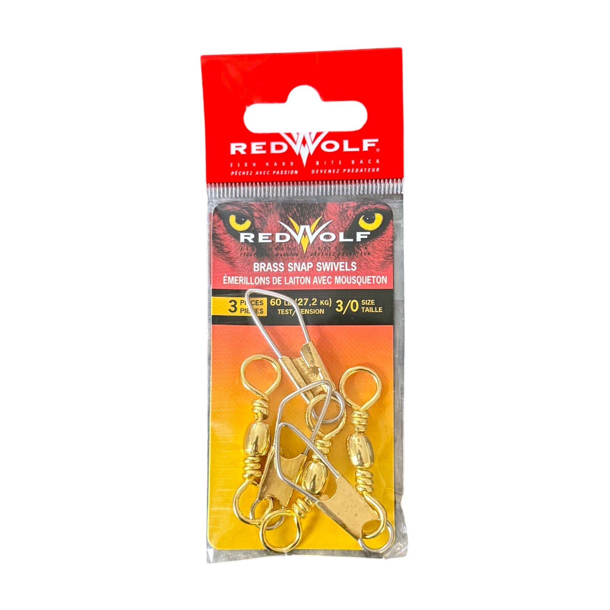 Red Wolf Brass Snap Swivels in a clear plastic retail package with a red and orange header card. The package contains three brass swivels.